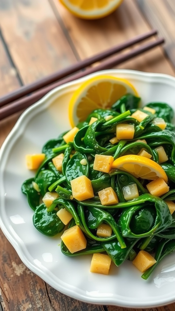 A plate of sautéed spinach with garlic and lemon, garnished with lemon wedges on a wooden table.